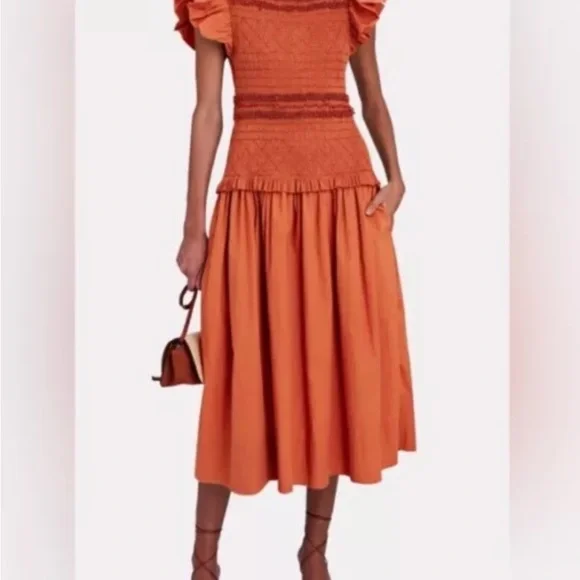 Ulla Johnson Madeline smocked body midi dress NWT size 6 in color clay - Picture 3 of 16